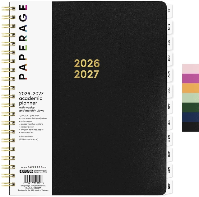 Main image of Academic Planner, Weekly & Monthly Planner & Calendar, 12-Months, July 2026 - June 2027, (9.5" x 11"), School & Student Planning Agenda with Tabs, Bonus Pages & Inner Pocket, Black