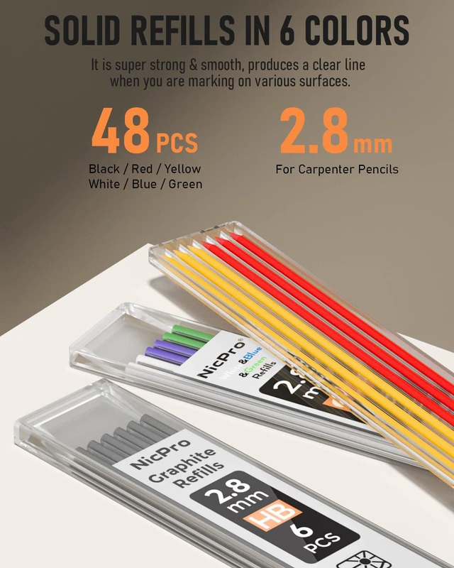 Alt view image 6 of 6 - 6 Pack Carpenter Pencil with Sharpener, Mechanical Carpenter Pencils 48 Refills, Deep Hole Marker Construction Pencil, Heavy Duty Woodworking -With Case (Black,Red,Yellow,Blue,Green,White)