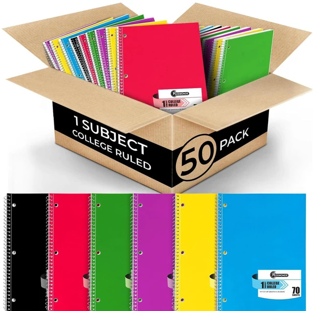 Main image of 1 Subject Spiral Notebook Bulk, 50 Pack, College Ruled, 70 Sheets 1 Subject Notebook Bulk, Thick Paper, 140 Pages, 8 x 10-1/2", 3 Hole Punched, Bulk College Ruled Notebook for School & Office