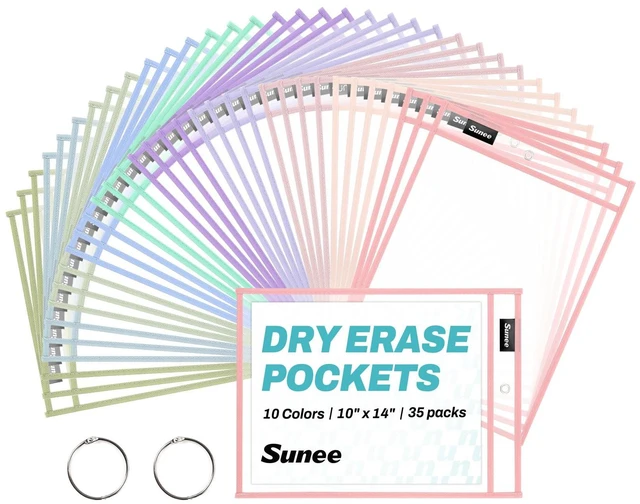 Main image of 35 Packs Oversized Reusable Dry Erase Pocket Sleeves with 2 Rings, 10 Morandi Colors 10x14 Ticket Holders, Clear Plastic Sheet Protectors, Teacher School Classroom Supplies