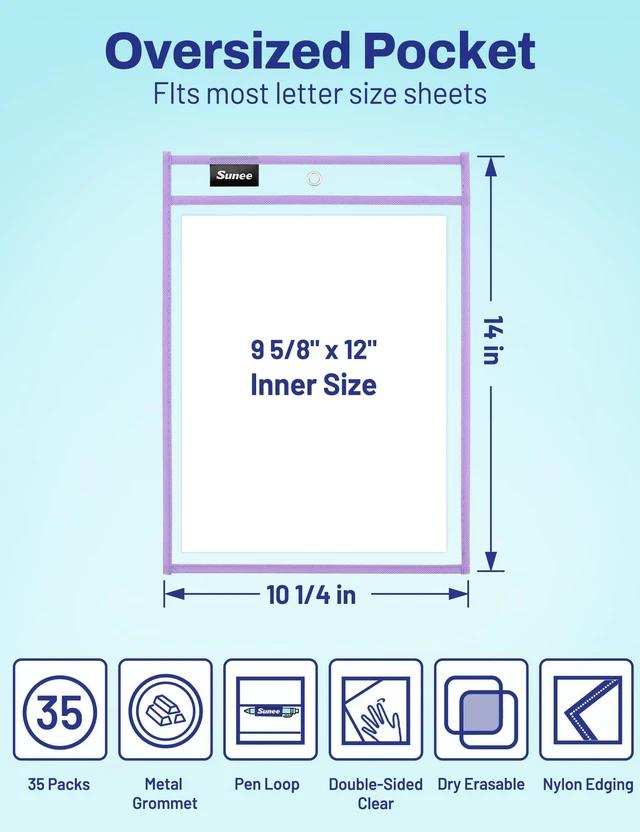 Alt view image 2 of 7 - 35 Packs Oversized Reusable Dry Erase Pocket Sleeves with 2 Rings, 10 Morandi Colors 10x14 Ticket Holders, Clear Plastic Sheet Protectors, Teacher School Classroom Supplies