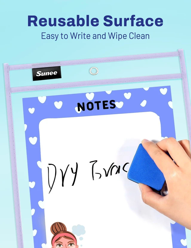 Alt view image 3 of 7 - 35 Packs Oversized Reusable Dry Erase Pocket Sleeves with 2 Rings, 10 Morandi Colors 10x14 Ticket Holders, Clear Plastic Sheet Protectors, Teacher School Classroom Supplies
