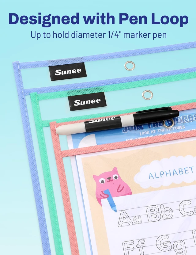 Alt view image 4 of 7 - 35 Packs Oversized Reusable Dry Erase Pocket Sleeves with 2 Rings, 10 Morandi Colors 10x14 Ticket Holders, Clear Plastic Sheet Protectors, Teacher School Classroom Supplies