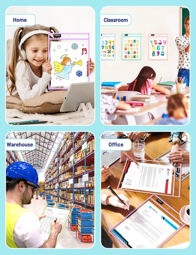 Alt view image 7 of 7 - 35 Packs Oversized Reusable Dry Erase Pocket Sleeves with 2 Rings, 10 Morandi Colors 10x14 Ticket Holders, Clear Plastic Sheet Protectors, Teacher School Classroom Supplies
