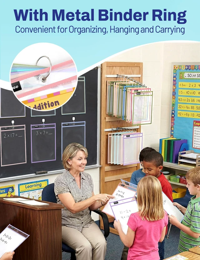 Alt view image 6 of 7 - 35 Packs Oversized Reusable Dry Erase Pocket Sleeves with 2 Rings, 10 Morandi Colors 10x14 Ticket Holders, Clear Plastic Sheet Protectors, Teacher School Classroom Supplies