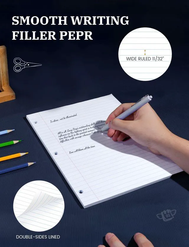 Alt view image 3 of 7 - 10 Pack Loose Leaf Paper 8.5 x 11, 1200 Pcs Lined Paper for 3 Ring Binders Wide Ruled Notebook Paper, 3 Hole Punch Binder Paper, 120 Sheets/Pack Filler Paper for Office, School, and Home