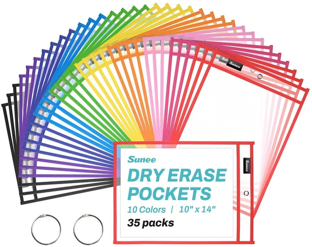 Main image of 35 Packs Oversized Reusable Dry Erase Pocket Sleeves with 2 Rings, 10 Assorted Colors 10x14 Ticket Holders, Clear Plastic Sheet Protectors, Teacher School Classroom Supplies
