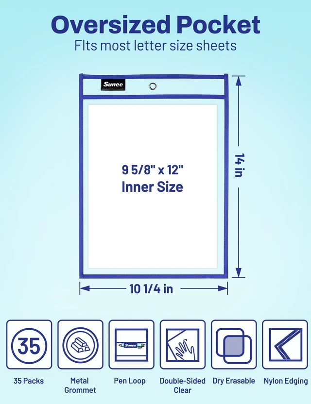 Alt view image 2 of 7 - 35 Packs Oversized Reusable Dry Erase Pocket Sleeves with 2 Rings, 10 Assorted Colors 10x14 Ticket Holders, Clear Plastic Sheet Protectors, Teacher School Classroom Supplies