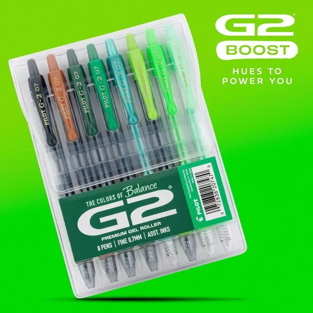 Alt view image 2 of 7 - G2 Gel Roller Pens, G2 Boost Green Pens Pack, 8 Pack Pouch, Assorted