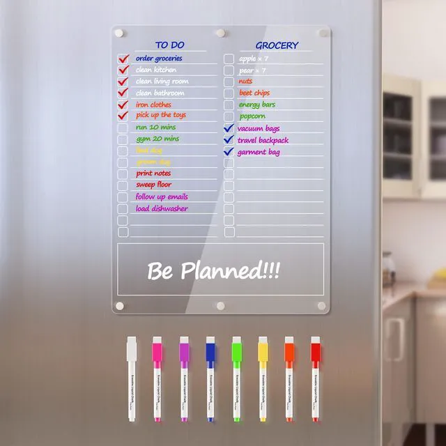 Main image of Acrylic Grocery List Magnet Pad for Fridge, Reusable to Do List for Refrigerator, Clear Notepad Note Planning Board, Shopping List, Reminders, w/ 8 Colors Markers, 15"x11"