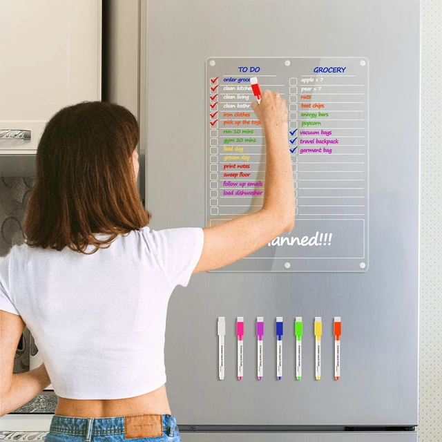 Alt view image 2 of 7 - Acrylic Grocery List Magnet Pad for Fridge, Reusable to Do List for Refrigerator, Clear Notepad Note Planning Board, Shopping List, Reminders, w/ 8 Colors Markers, 15"x11"