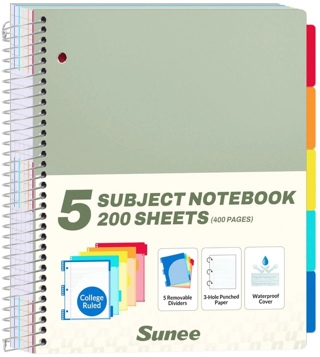 Main image of 5 Subject Notebook College Ruled - 200 sheets (400 Pages), 9"x11", 5 Pocket Colored Dividers, 3-Hole Punched Paper, Sage Green