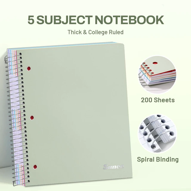 Alt view image 2 of 7 - 5 Subject Notebook College Ruled - 200 sheets (400 Pages), 9"x11", 5 Pocket Colored Dividers, 3-Hole Punched Paper, Sage Green
