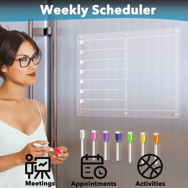 Alt view image 4 of 7 - Acrylic Magnetic Dry Erase Board for Fridge, Clear Whiteboard for Refrigerator, Notepad Memo to Do/Grocery List White Board, w/ 8 Colors Markers, 15 x 11