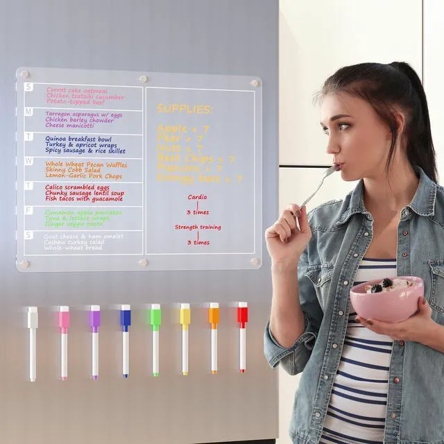 Alt view image 2 of 7 - Acrylic Magnetic Dry Erase Board for Fridge, Clear Whiteboard for Refrigerator, Notepad Memo to Do/Grocery List White Board, w/ 8 Colors Markers, 15 x 11