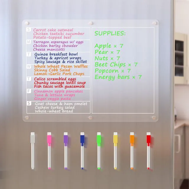 Main image of Acrylic Magnetic Dry Erase Board for Fridge, Clear Whiteboard for Refrigerator, Notepad Memo to Do/Grocery List White Board, w/ 8 Colors Markers, 15 x 11