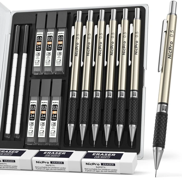 Main image of 0.5 mm Art Mechanical Pencils Set in Case, 6 PCS Metal Drafting Pencil Lead Pencil 0.5 + 6 Tube HB Refill, Erasers, Comfort Grip For School Writing, Artist Drawing Sketching