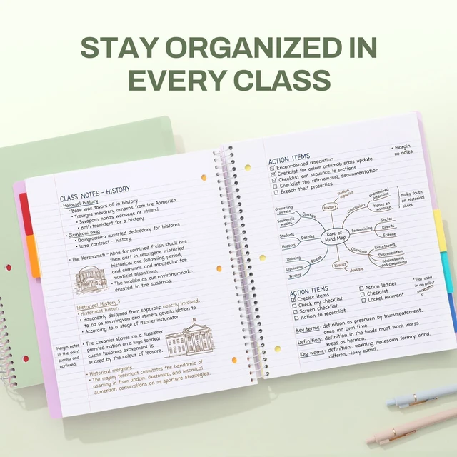 Alt view image 6 of 7 - 5 Subject Notebook College Ruled - 200 sheets (400 Pages), 9"x11", 5 Pocket Colored Dividers, 3-Hole Punched Paper, Sage Green