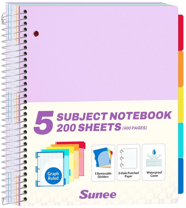 Main image of 5 Subject Notebook College Ruled - 400 Pages, 9"x11", 5 Pocket Colored Dividers, 3-Hole Punched Paper, Purple