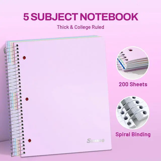 Alt view image 2 of 7 - 5 Subject Notebook College Ruled - 400 Pages, 9"x11", 5 Pocket Colored Dividers, 3-Hole Punched Paper, Purple
