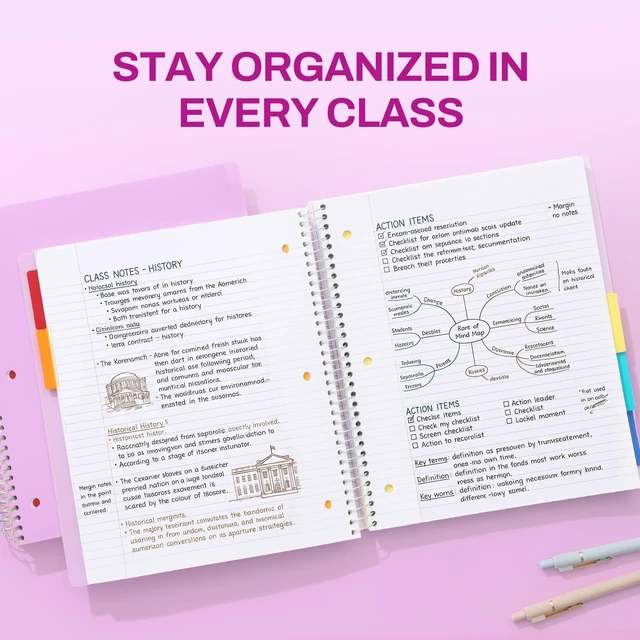 Alt view image 6 of 7 - 5 Subject Notebook College Ruled - 400 Pages, 9"x11", 5 Pocket Colored Dividers, 3-Hole Punched Paper, Purple
