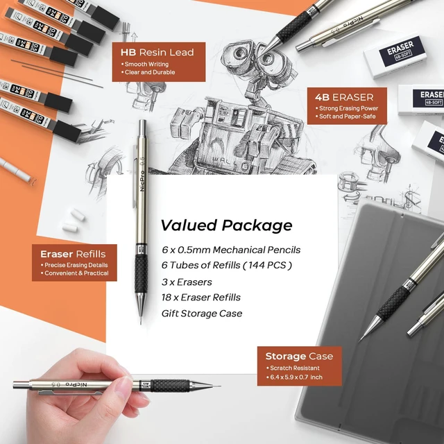 Alt view image 4 of 7 - 0.5 mm Art Mechanical Pencils Set in Case, 6 PCS Metal Drafting Pencil Lead Pencil 0.5 + 6 Tube HB Refill, Erasers, Comfort Grip For School Writing, Artist Drawing Sketching