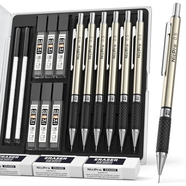 Alt view image 7 of 7 - 0.5 mm Art Mechanical Pencils Set in Case, 6 PCS Metal Drafting Pencil Lead Pencil 0.5 + 6 Tube HB Refill, Erasers, Comfort Grip For School Writing, Artist Drawing Sketching