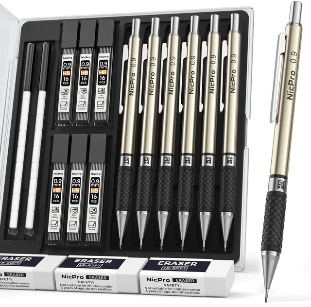 Main image of 0.9 mm Art Mechanical Pencils Set in Case, 6 PCS Metal Drafting Pencil Lead Pencil + 6 Tube HB Lead Refill, Eraser, Comfort Grip For School Writing, Artist Drawing Sketching