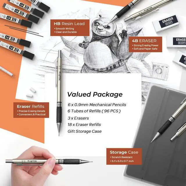 Alt view image 4 of 6 - 0.9 mm Art Mechanical Pencils Set in Case, 6 PCS Metal Drafting Pencil Lead Pencil + 6 Tube HB Lead Refill, Eraser, Comfort Grip For School Writing, Artist Drawing Sketching