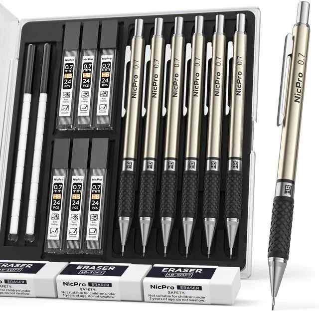 Main image of 0.7 mm Art Mechanical Pencils Set in Storage Case, 6 PCS Metal Drafting Pencil Lead Pencil+6 Tube Lead Refills, Eraser, Comfort Grip For for School Writing, Artist Drawing Sketching