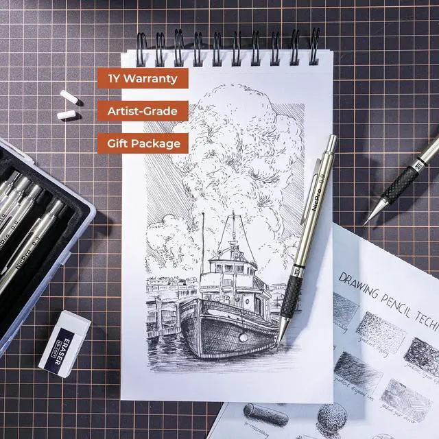 Alt view image 6 of 6 - 0.9 mm Art Mechanical Pencils Set in Case, 6 PCS Metal Drafting Pencil Lead Pencil + 6 Tube HB Lead Refill, Eraser, Comfort Grip For School Writing, Artist Drawing Sketching