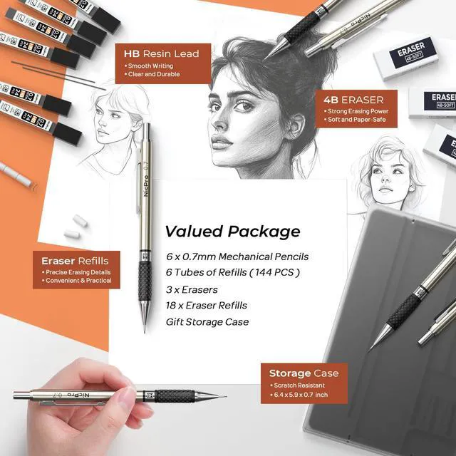 Alt view image 5 of 5 - 0.7 mm Art Mechanical Pencils Set in Storage Case, 6 PCS Metal Drafting Pencil Lead Pencil+6 Tube Lead Refills, Eraser, Comfort Grip For for School Writing, Artist Drawing Sketching
