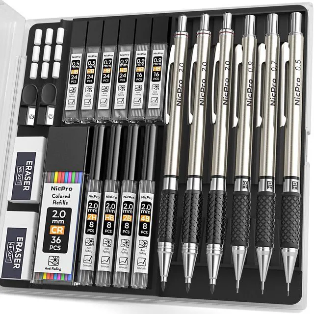 Main image of Art Mechanical Pencil Set in Storage Case, Metal Drawing Pencil 6PCS 0.5-2.0 mm Led Pencil + (4B 2B HB 2H Colors) Pencil Lead Refill, Comfort Grip for School Writing, Artist Drawing Sketching