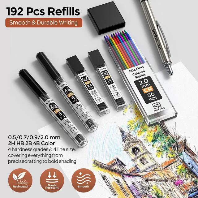 Alt view image 3 of 6 - Art Mechanical Pencil Set in Storage Case, Metal Drawing Pencil 6PCS 0.5-2.0 mm Led Pencil + (4B 2B HB 2H Colors) Pencil Lead Refill, Comfort Grip for School Writing, Artist Drawing Sketching