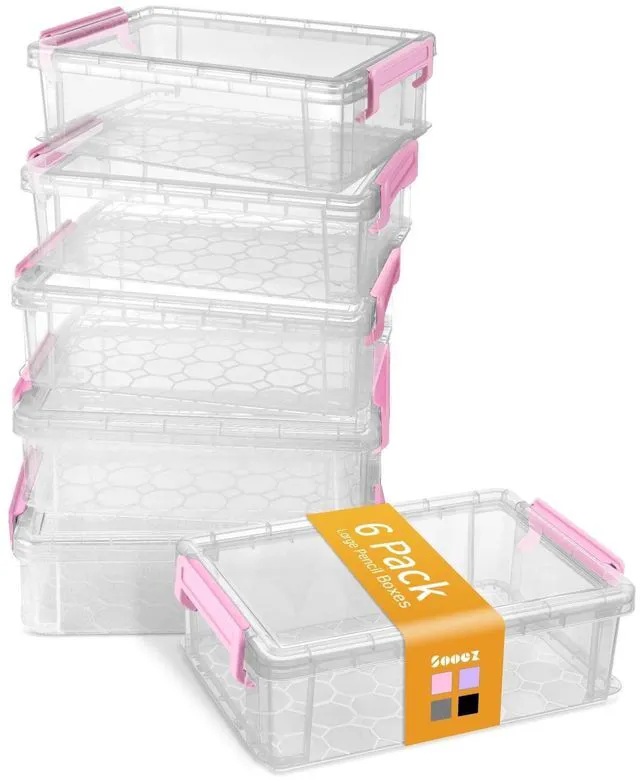 Main image of 6 Pack Extra Large Pencil Box, Plastic Pencil Case Crayon Box Clear Marker Organizer Plastic Containers with Lid, Stackable Storage Boxes for Art Craft,Back to School Supplies, Pink