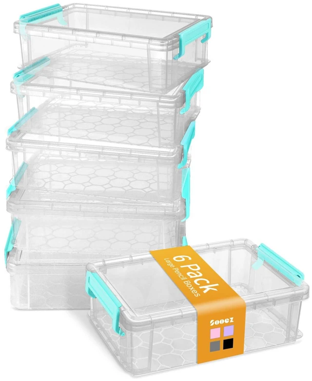Main image of 6 Pack Extra Large Pencil Box, Plastic Pencil Case Crayon Box Clear Marker Organizer Plastic Containers with Lid, Stackable Storage Boxes for Art Craft,Back to School Supplies, Blue