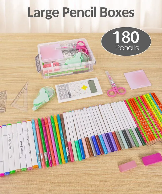 Alt view image 3 of 7 - 6 Pack Extra Large Pencil Box, Plastic Pencil Case Crayon Box Clear Marker Organizer Plastic Containers with Lid, Stackable Storage Boxes for Art Craft,Back to School Supplies, Blue