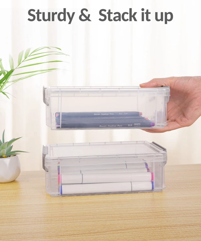Alt view image 5 of 7 - 6 Pack Extra Large Pencil Box, Plastic Pencil Case Crayon Box Clear Marker Organizer Plastic Containers with Lid, Stackable Storage Boxes for Art Craft,Back to School Supplies, Blue