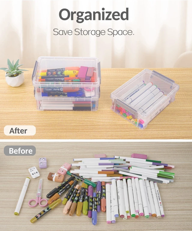 Alt view image 7 of 7 - 6 Pack Extra Large Pencil Box, Plastic Pencil Case Crayon Box Clear Marker Organizer Plastic Containers with Lid, Stackable Storage Boxes for Art Craft,Back to School Supplies, Blue