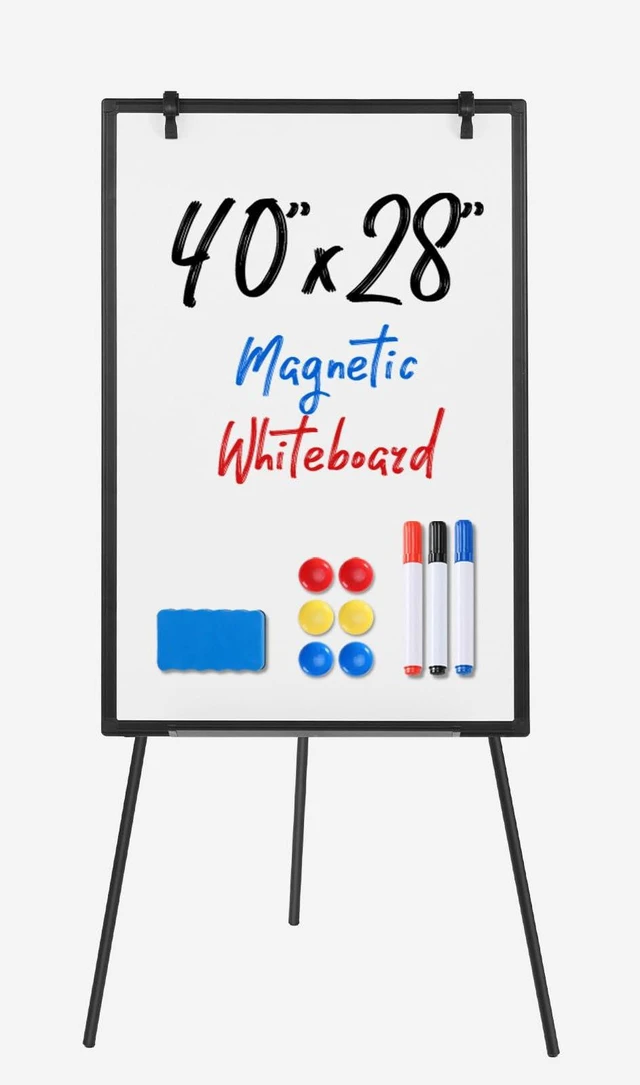 Main image of 40" x 28" Magnetic White Board with Stand, Standing Dry Erase Board, Whiteboard with 1 Dry Eraser & 2 Multicolor Markers & 4 Magnetic Pins, Aluminium Frame for Home, School, Office, Black