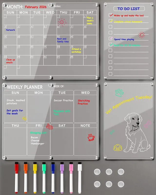 Main image of 4 Pack Acrylic Magnetic Calendar for Refrigerator Set, Clear Monthly Weekly Daily Dry Erase Whiteboard for Fridge with 8 Color Markers, Meal Planner, Menu Board, Home Decor