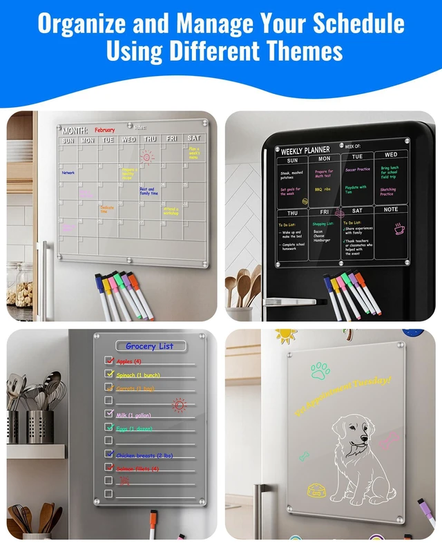 Alt view image 2 of 7 - 4 Pack Acrylic Magnetic Calendar for Refrigerator Set, Clear Monthly Weekly Daily Dry Erase Whiteboard for Fridge with 8 Color Markers, Meal Planner, Menu Board, Home Decor