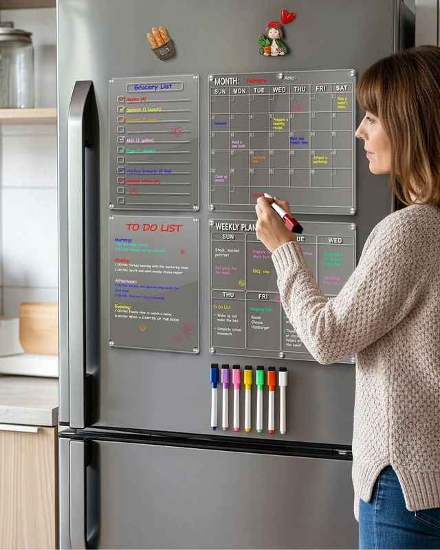 Alt view image 4 of 7 - 4 Pack Acrylic Magnetic Calendar for Refrigerator Set, Clear Monthly Weekly Daily Dry Erase Whiteboard for Fridge with 8 Color Markers, Meal Planner, Menu Board, Home Decor
