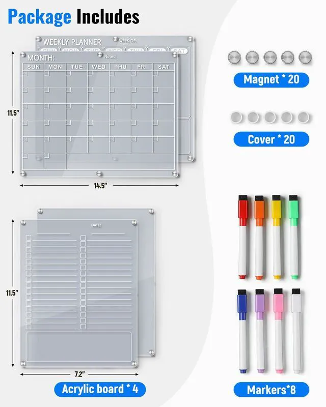 Alt view image 5 of 7 - 4 Pack Acrylic Magnetic Calendar for Refrigerator Set, Clear Monthly Weekly Daily Dry Erase Whiteboard for Fridge with 8 Color Markers, Meal Planner, Menu Board, Home Decor