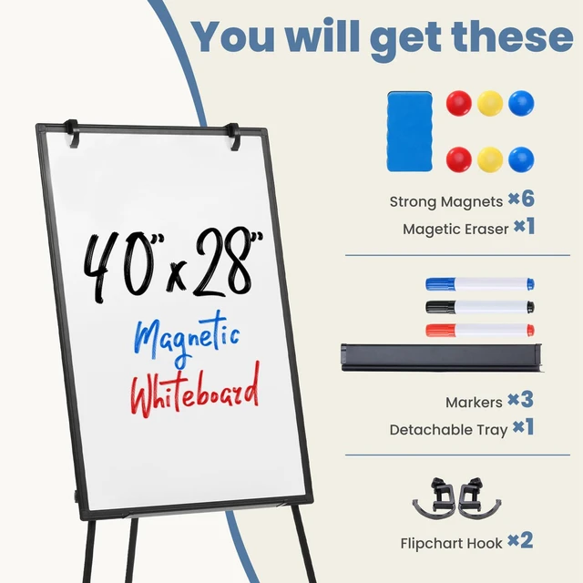 Alt view image 4 of 7 - 40" x 28" Magnetic White Board with Stand, Standing Dry Erase Board, Whiteboard with 1 Dry Eraser & 2 Multicolor Markers & 4 Magnetic Pins, Aluminium Frame for Home, School, Black