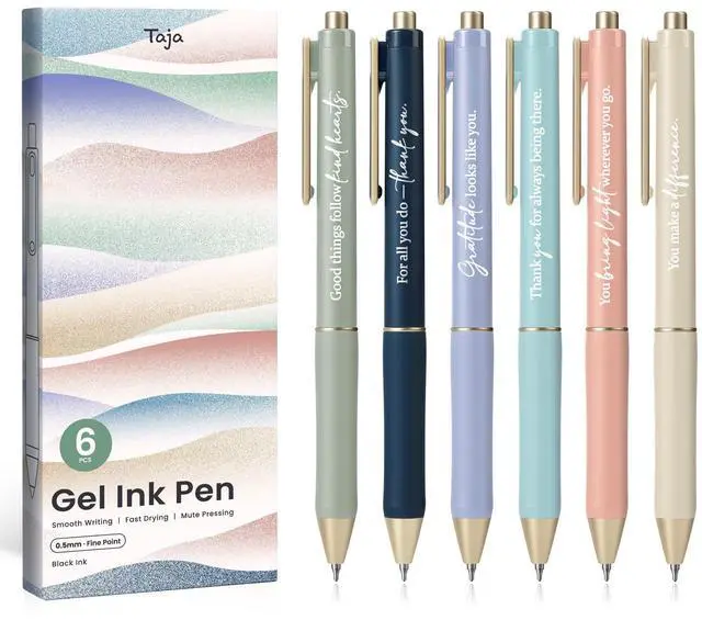 Main image of Gel Pens, 6 Pcs Quick Dry Black Ink Pens, 0.5mm Fine Point, Gratitude Retractable Pens with Soft Grip, Smooth Writing for Journaling and Note Taking, Cute Aesthetic Design for Women & Men