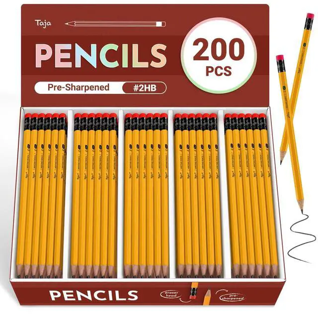 Main image of 200 Pack Wood-Cased #2 HB Pencils, Bulk Pre-Sharpened, Yellow #2 HB Pencils with Top Eraser, Classic Hexagonal Barrel, Perfect for School & Classroom Writing, Sketching and Marking