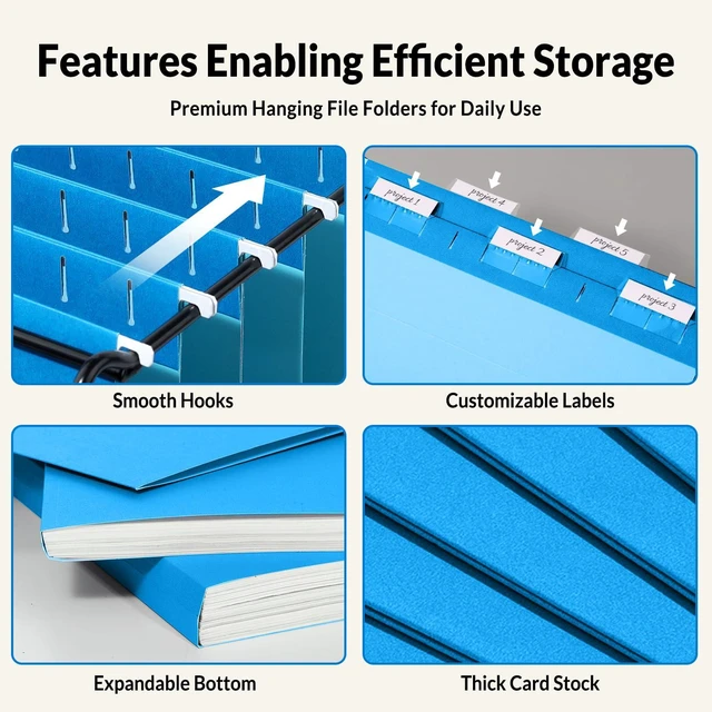 Alt view image 3 of 7 - 25 Pack Hanging File Folders, Blue Folders, Hanging File Folders Letter Size with 1/5-cut Tabs, Stay Organized for Your Home and Office Bulk File and Documents