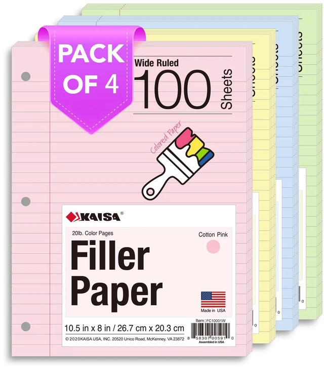 Main image of Filler Paper Colored loose Leaf Paper, Wide Ruled 8x10.5in Colored Paper, 3-Hole Punched for 3-Ring Binders,100Sheets/pack 4Packs, FC10001W