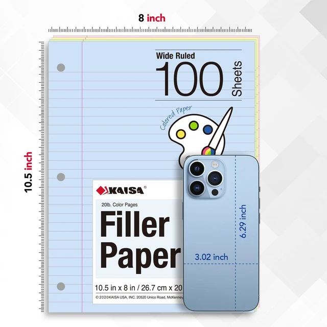 Alt view image 4 of 7 - Filler Paper Colored loose Leaf Paper, Wide Ruled 8x10.5in Colored Paper, 3-Hole Punched for 3-Ring Binders,100Sheets/pack 4Packs, FC10001W